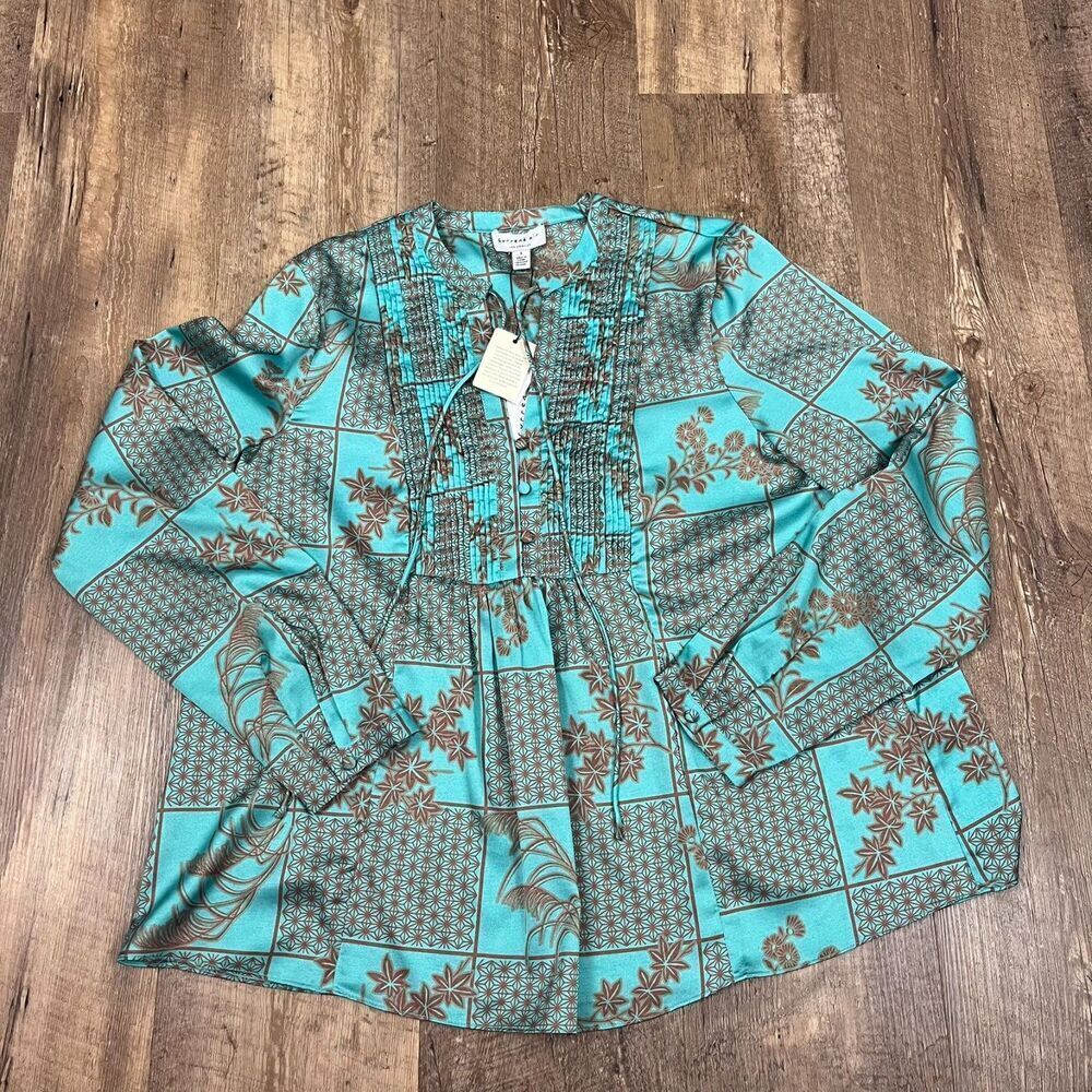 Current Air Anthropologie Blouse Long Sleeve V-Neck Women's S Teal Pleated NWT*